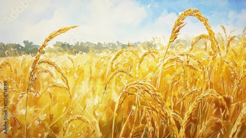 a painting of a field of rice with a blue sky and clouds in the background
