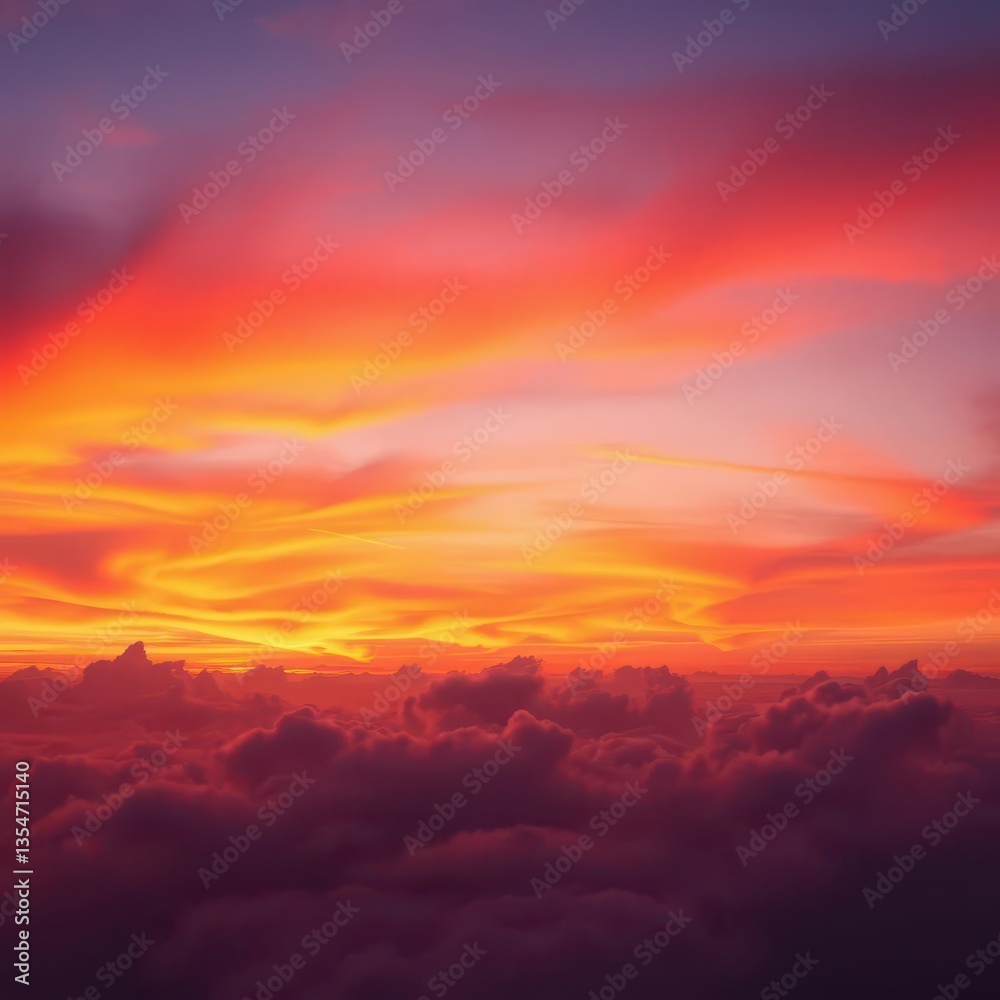 Fototapeta premium Fiery sunset paints clouds ablaze with orange, pink, and purple hues, scenic, light