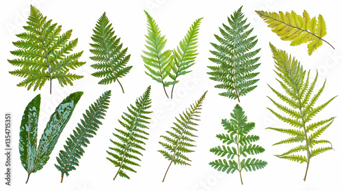 Collection of diverse fern leaves, various shades of green, detailed close-up