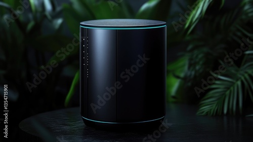 Modern, sleek black cylinder device, subtly lit photo