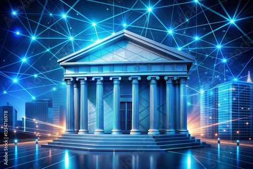 Futuristic Bank Building with Digital Network and Modern Cityscape Background