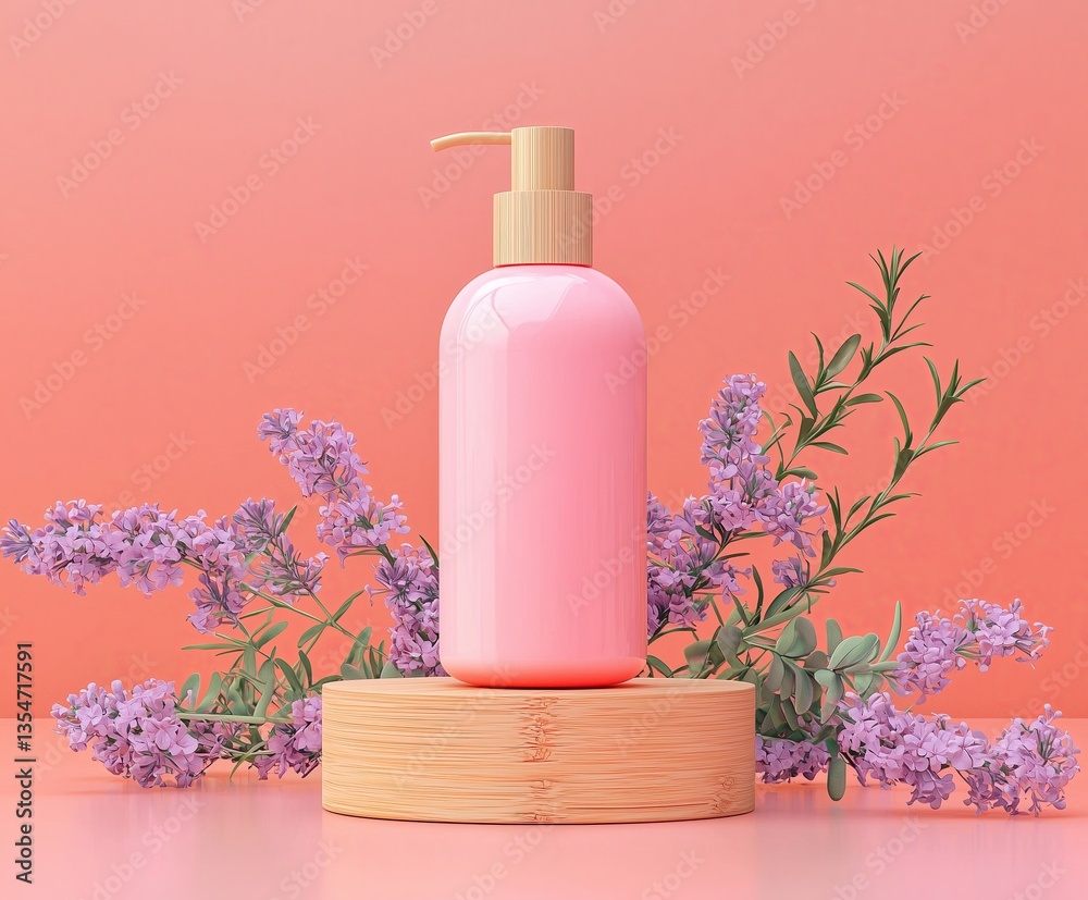 Layout of a body or hand lotion or other body product on a peach background, blank space for text or advertisement