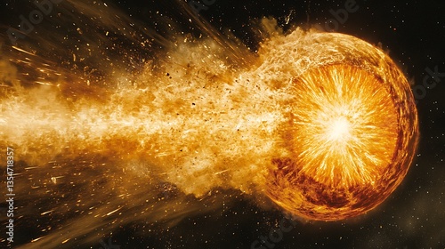 Fiery asteroid explosion in space.