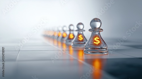 Transparent chess pawns with dollar symbols on a chessboard