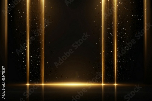 Stage opening golden stage glitter with spotlights and luxury gold light streak. Particle luxury for ceremony background