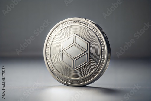 Close up of a silver cryptocurrency coin on a gray reflective surface