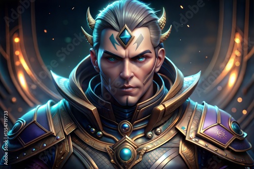 Enigmatic Warrior Portrait with Intricate Armor and Piercing Gaze of Power