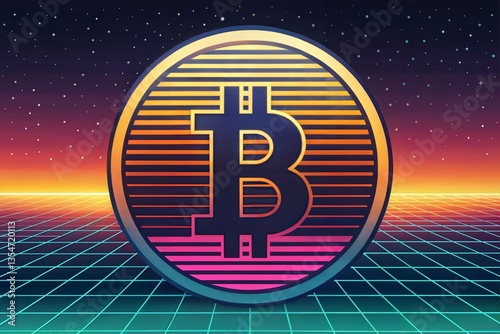 Retro Bitcoin logo on grid with sunset and starry sky background