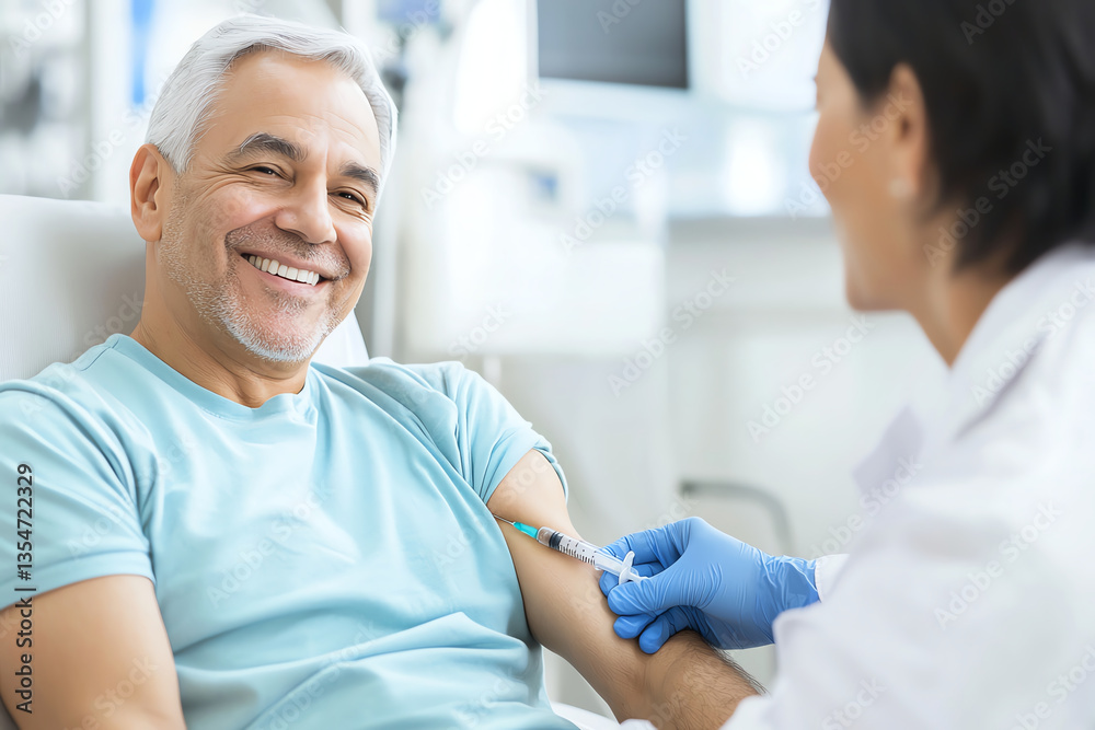 male patient is smiling while receiving injection from healthcare professional. scene conveys sense of comfort and trust in medical setting male patient is smiling while receiving injection from healthcare professional. scene conveys sense of comfort and trust in medical setting