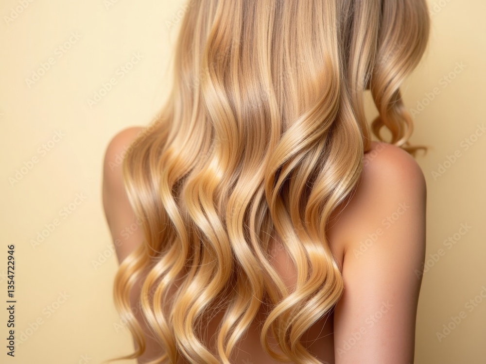 Naklejka premium Blonde wavy hair cascading down a bare back against a beige background