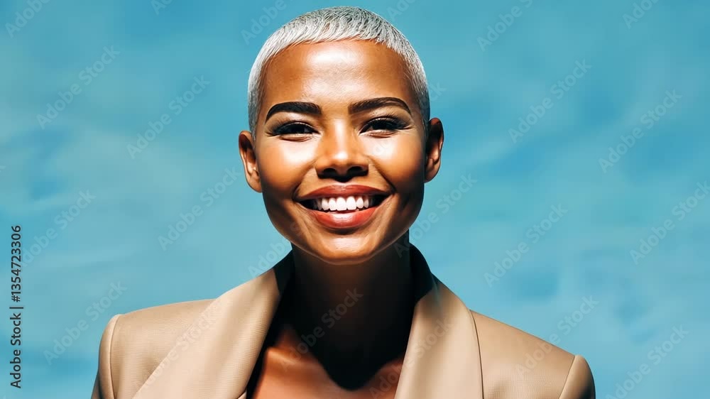 Young woman with short silver hair smiles brightly against a blue background, showcasing confidence and style in a fashionable ensemble