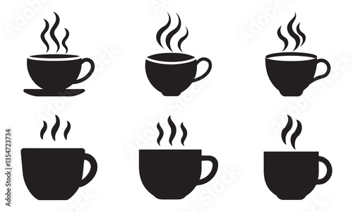 Hot Coffee Cups Icons Set, Hot drink icon. Disposable cup. Cup coffee with steam. Flat style. Vector Illustration