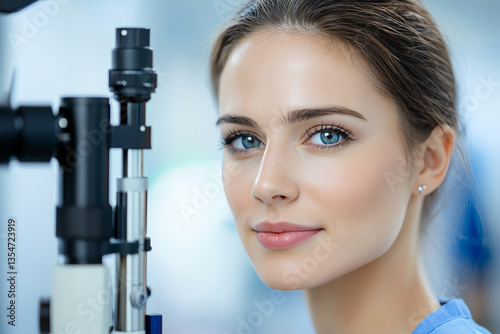female patient is having eye checkup with advanced equipment, showcasing calm and confident expression. setting is bright and professional, emphasizing importance of eye health