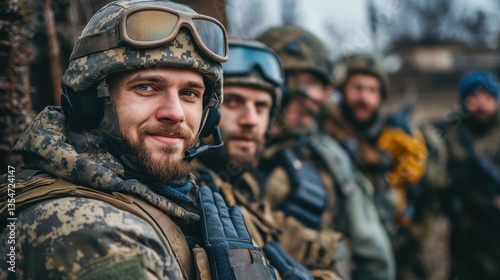 Camouflaged soldiers in winter gear and helmets with young bearded male smiling