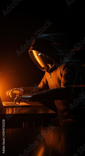 Hacker robot in futuristic cyber tech space with floating data and dark high technology
