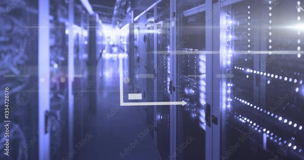 In server room, animation of bar chart icon overlaying data servers In server room, animation of bar chart icon overlaying data servers