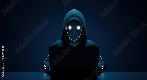 Dark and cool hacker robot operating a laptop in a futuristic tech environment