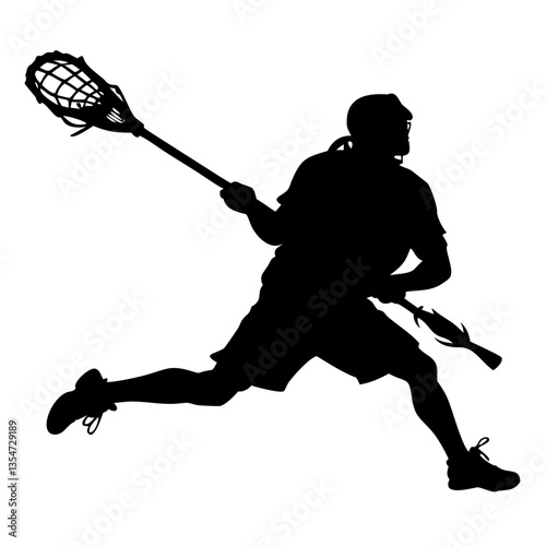 a silhouette of a lacrosse player in action, swinging a lacrosse stick. This image captures the dynamic movement and energy of the sport