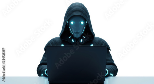 Futuristic robot working on a laptop in a clean white space