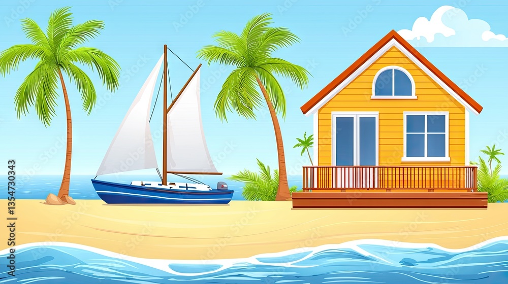 Obraz premium Coastal living A beach house sits near a sailboat on a sandy shore, under a clear blue sky