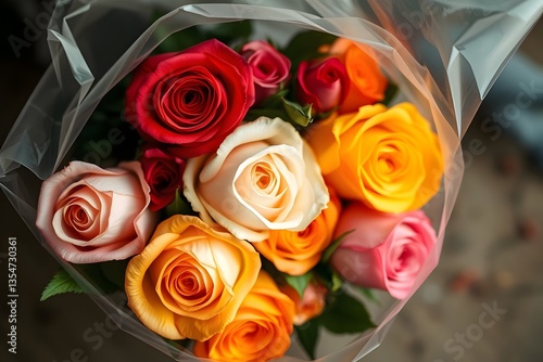 Graceful and elegant overhead image of multicolored roses wrapped in cellophane, soft cinematic haze, soft focus, hazy background, refined features photo