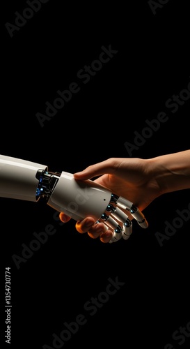 Clean style with robot and human hands shaking in unity, technology, artificial intelligence concept
