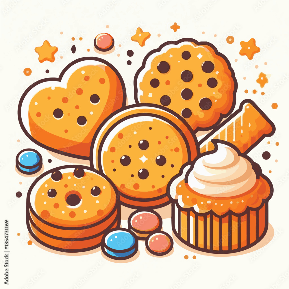 dessert, cookie, food, sweet, biscuit, bakery, background, chocolate, snack, delicious, homemade, candy, brown, chip, bake, cake, isolated, tasty, breakfast, pastry, closeup, fresh, vector, sugar, cru