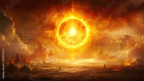 Fiery celestial ring over desolate landscape.