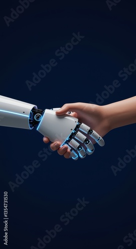 Clean style with robot and human hands shaking in unity, technology, artificial intelligence concept