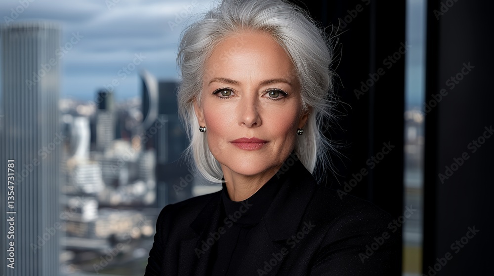 Elegant Woman Standing in a Modern Office with City View and Business Attire Elegant Woman Standing in a Modern Office with City View and Business Attire