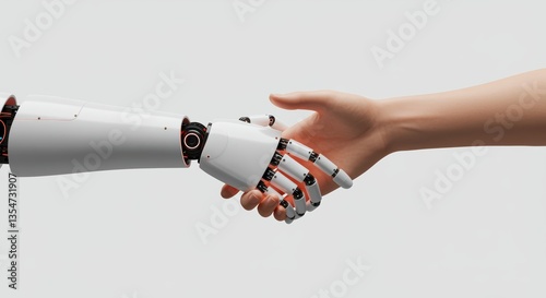 Clean style with robot and human hands shaking in unity, technology, artificial intelligence concept