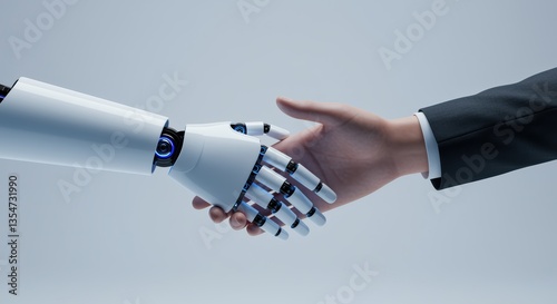 Clean style with robot and human hands shaking in unity, technology, artificial intelligence concept