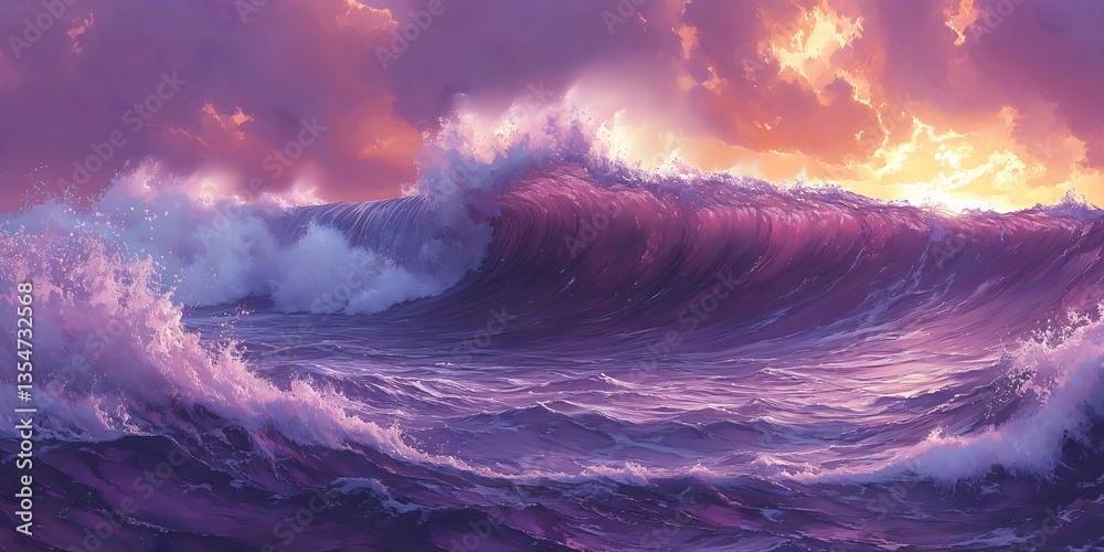 Fototapeta premium Dreamy Purple Ocean Wave at Sunset – Hand-Drawn Fantasy Seascape Illustration