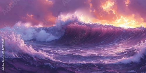 Dreamy Purple Ocean Wave at Sunset – Hand-Drawn Fantasy Seascape Illustration