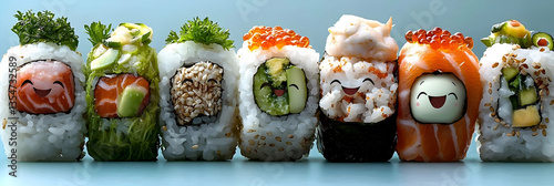 Smiling Cartoon Sushi Rolls on a Light Blue Background photo