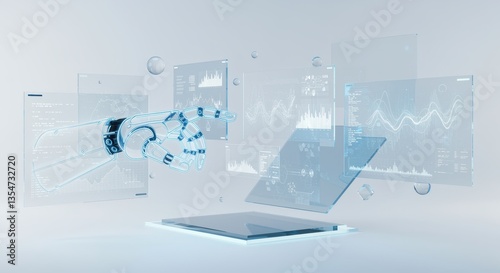 Futuristic black and dark LED touch data screens in a minimal tech environment