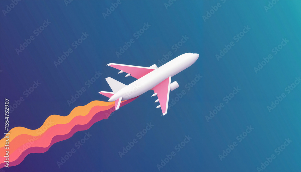 Naklejka premium Sleek airplane soaring through gradient skies, travel adventure concept