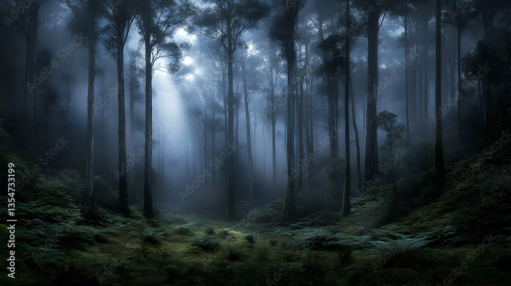 Obraz premium Enchanting misty forest scene at dawn, sunbeams piercing through tall trees and lush ferns. Perfect for fantasy, nature, and mystical themes.