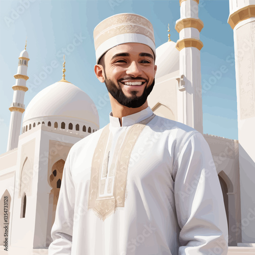 A well-dressed man standing in front of a scenic background, holding prayer beads in his hand on Eid day
