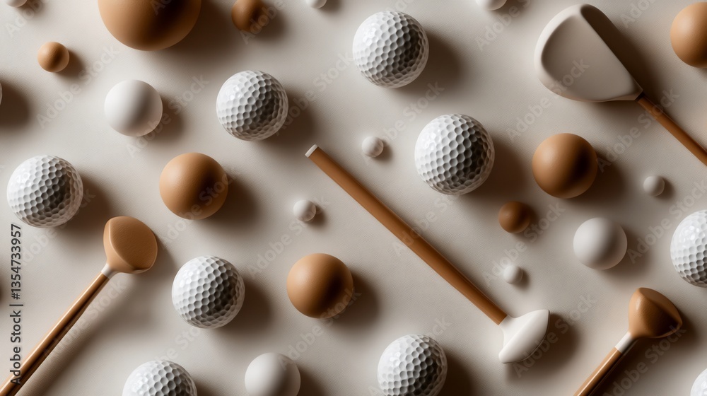 Fototapeta premium Abstract minimalist golf layout showcasing clubs balls eggs and spheres arrangement