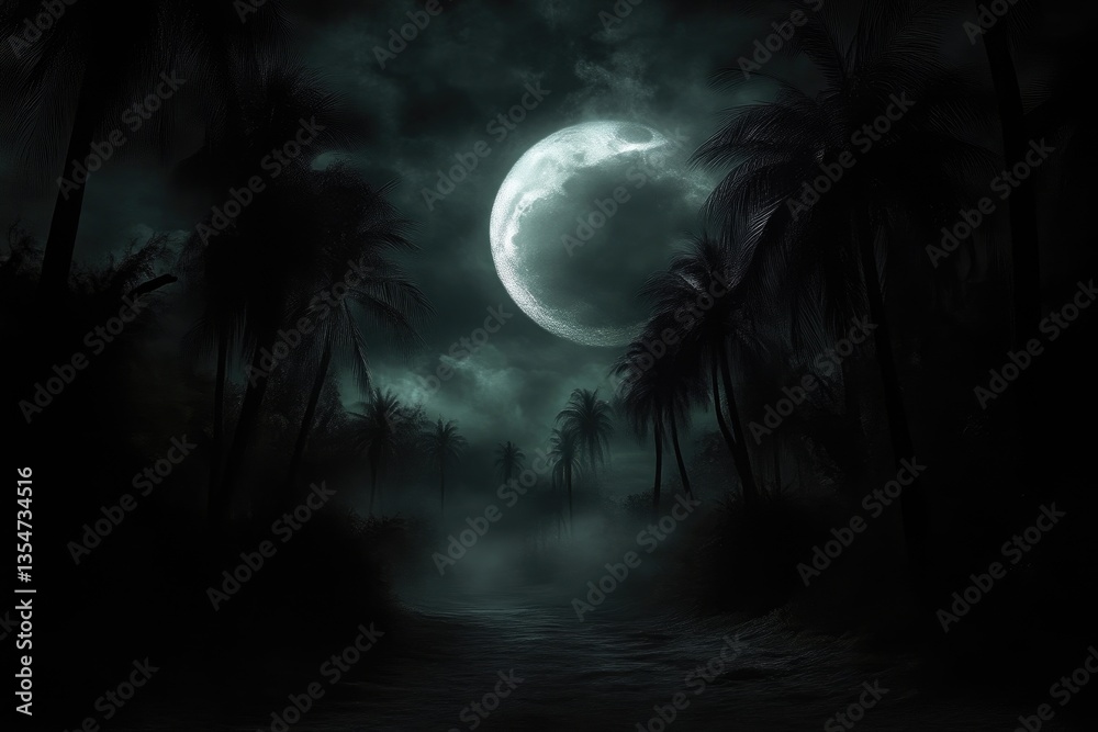 Fototapeta premium Mysterious tropical night scene under a full moon. Lush, dark, and misty jungle