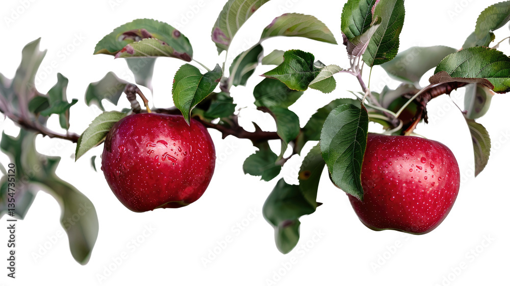 Obraz premium Apples on a Branch: Two vibrant red apples hang from a branch adorned with fresh green leaves, a vivid illustration of nature's bounty and the crisp freshness of the harvest.