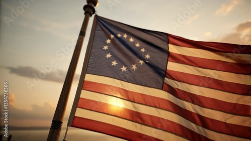 An independence day Waving colonial era flag against sunset sky, symbolizing history and freedom