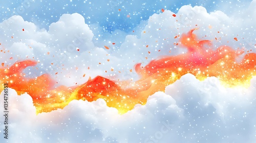 Fiery cloudscape with snow and sparks.