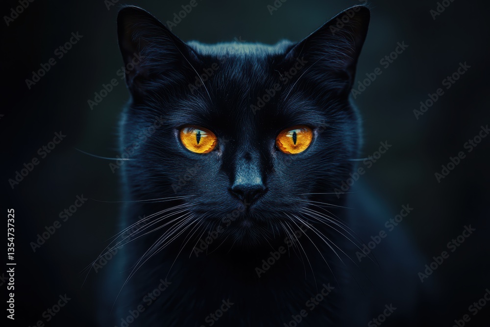 Black cat with striking yellow eyes gazes intently in the dark Black cat with striking yellow eyes gazes intently in the dark