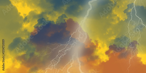 Lightning, thunder cloud dark cloudy sky. Fork lightning striking down during summer storm. intense lightning lighting up the sky . Blue lightning strike during an electrical storm .
