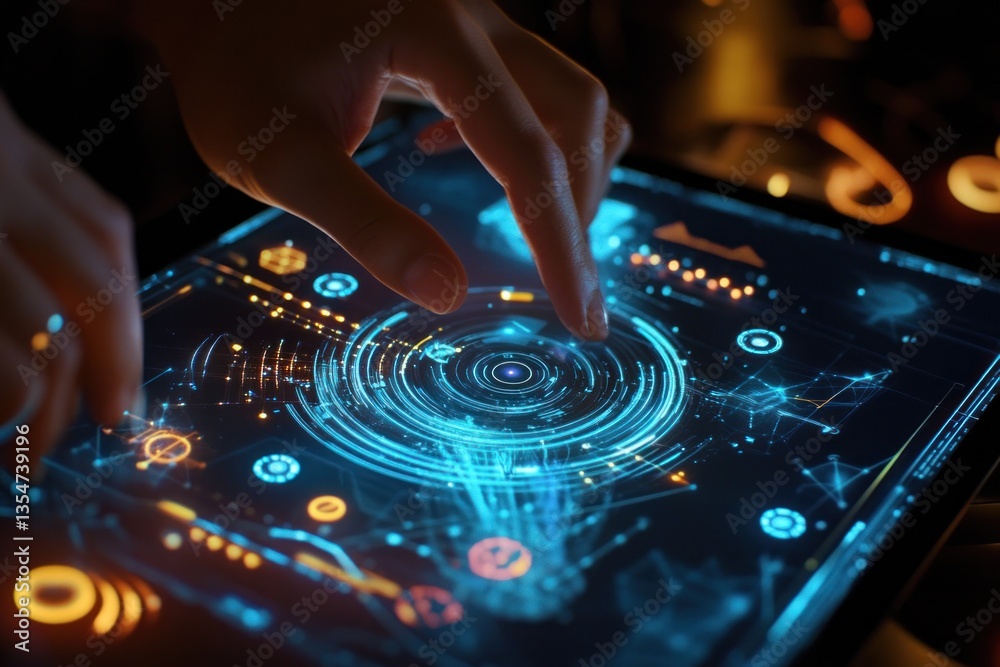Obraz premium Close-up of hands using futuristic tablet interface.