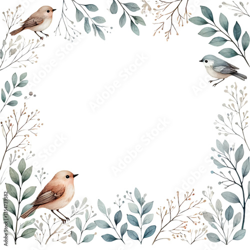 小鳥と葉の水彩フレーム｜Watercolor Bird and Leaf Frame