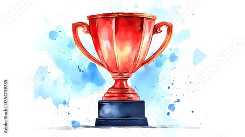 Red Trophy with Blue Watercolor Background for Achievement Celebration
