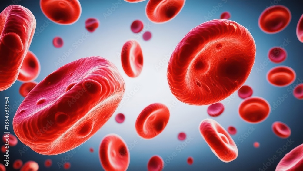 Fototapeta premium Detailed Macro View Of Human Blood Cells, Highlighting Red And White Cell Structures. Intricate Cellular Imagery Captured Under Microscope, Revealing Vital Components Of The Human Circulatory System.